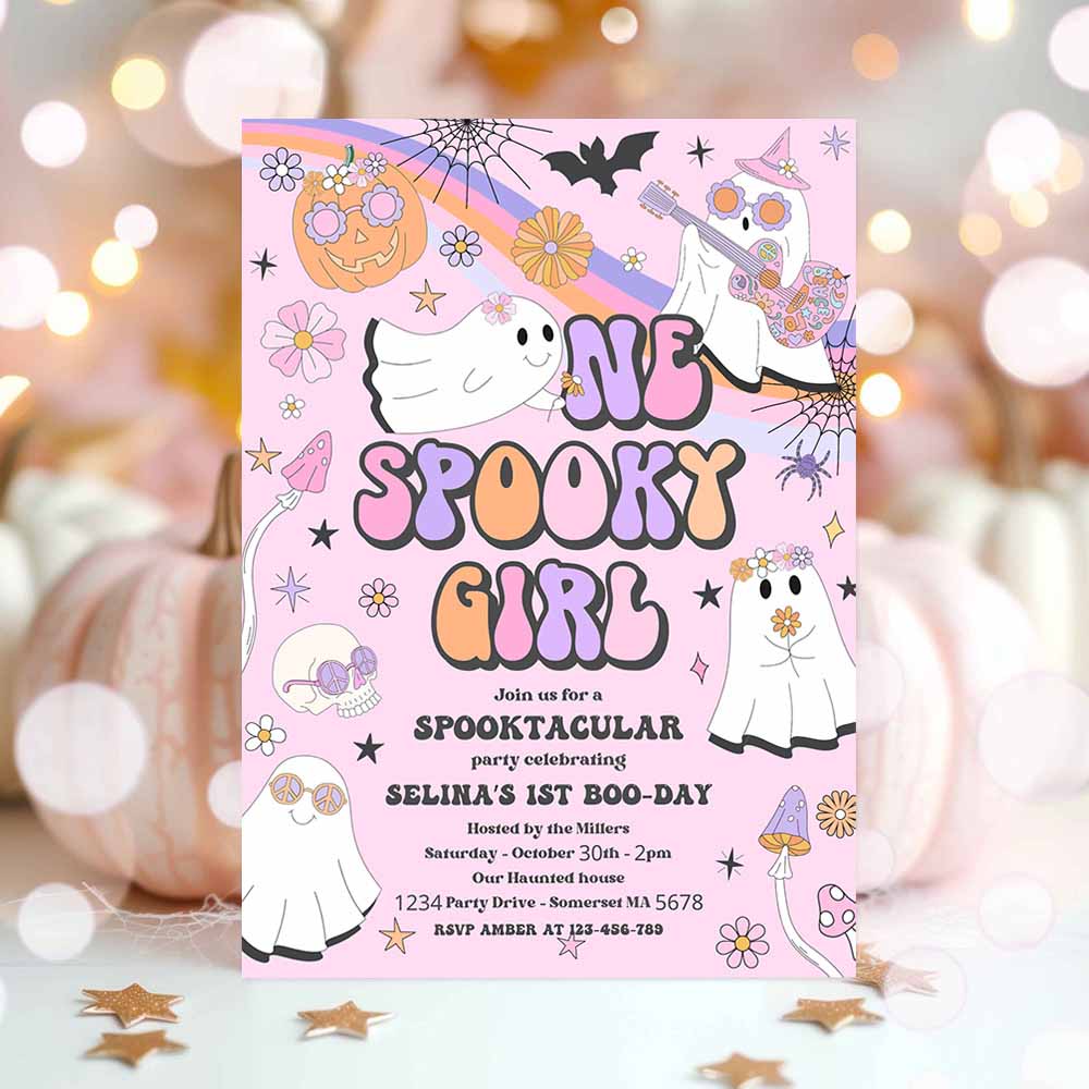 One Spooky Girl Halloween Ghost 1st Birthday Invitation Retro Groovy Rainbow Ghost Birthday Hippie Halloween