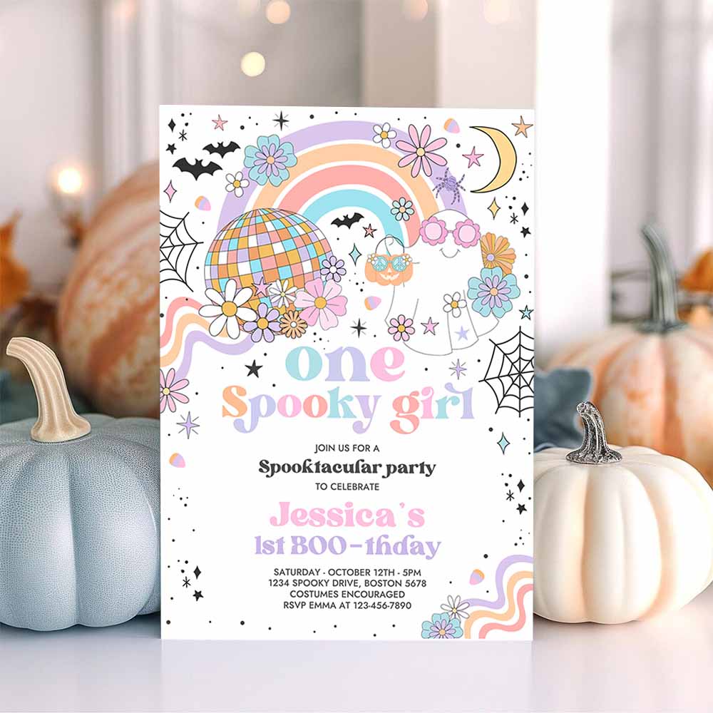 One Spooky Girl Halloween Ghost 1st Birthday Party Invitation Groovy Rainbow Ghost Party Hippie Halloween