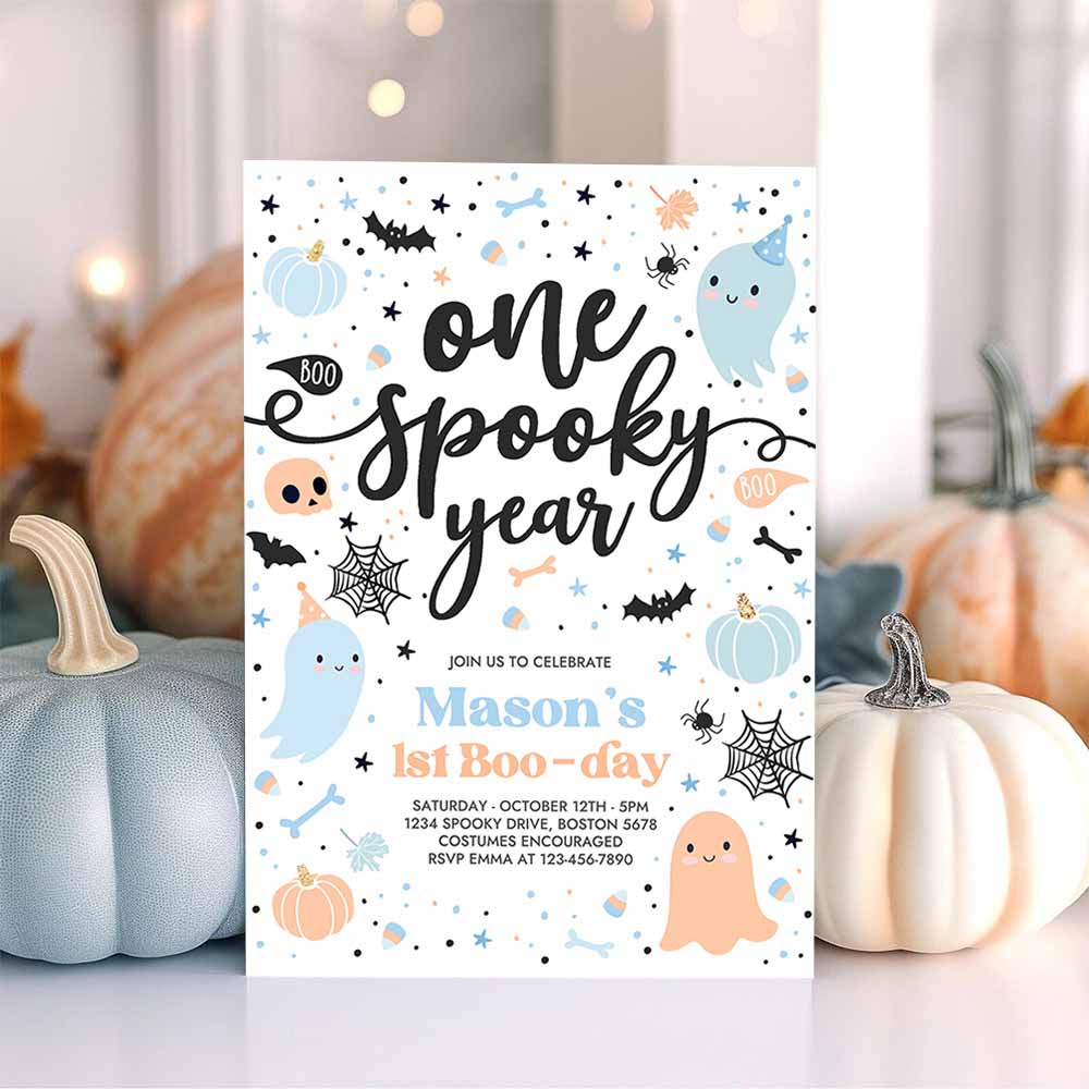 One Spooky Year Cute Blue Ghost 1st Birthday Party Invitation Cute Boy Ghost 1st Birthday Spooktacular Party