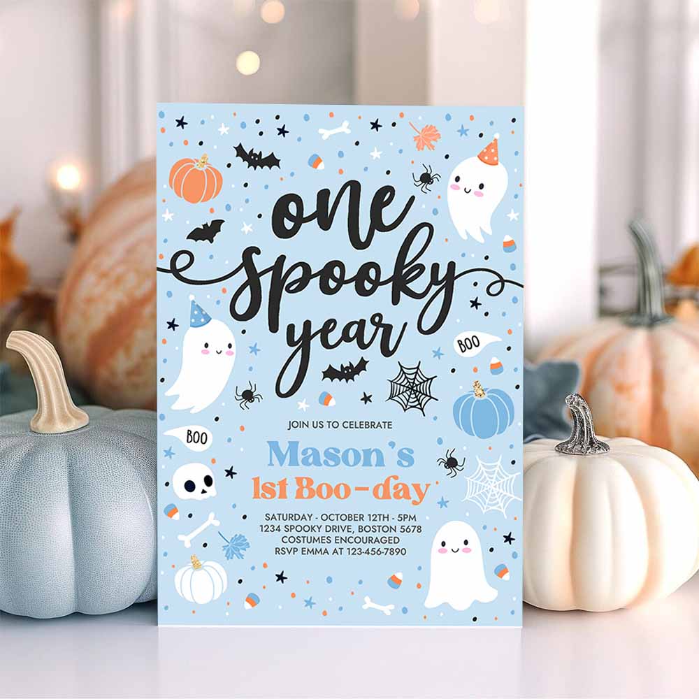 One Spooky Year Cute Blue Ghost 1st Party Invite Cute Boy Ghost 1st Birthday Spooktacular Party