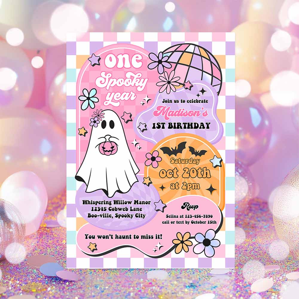 One Spooky Year Cute Halloween Ghost 1st Birthday Party Invitation Retro Groovy Ghost Halloween Party