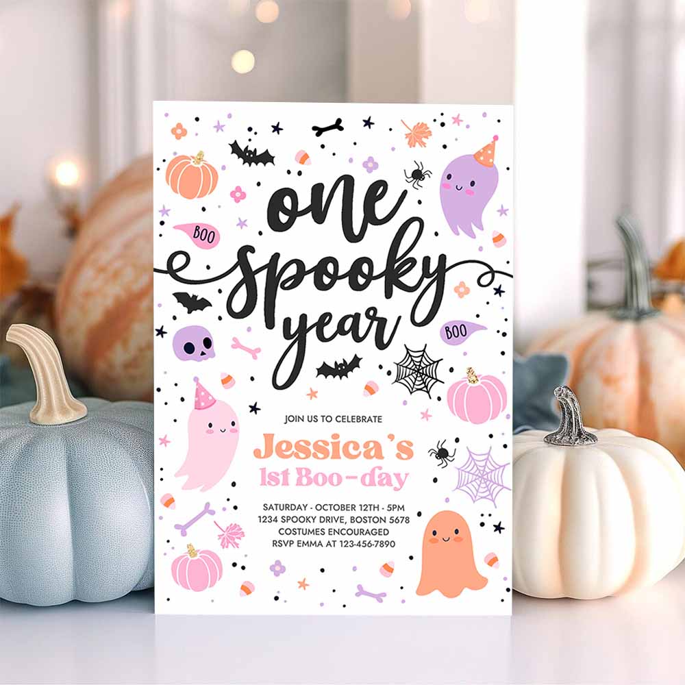 One Spooky Year Cute Pink Ghost 1st Birthday Party Invitation Cute Pink Ghost 1st Birthday Spooktacular Party