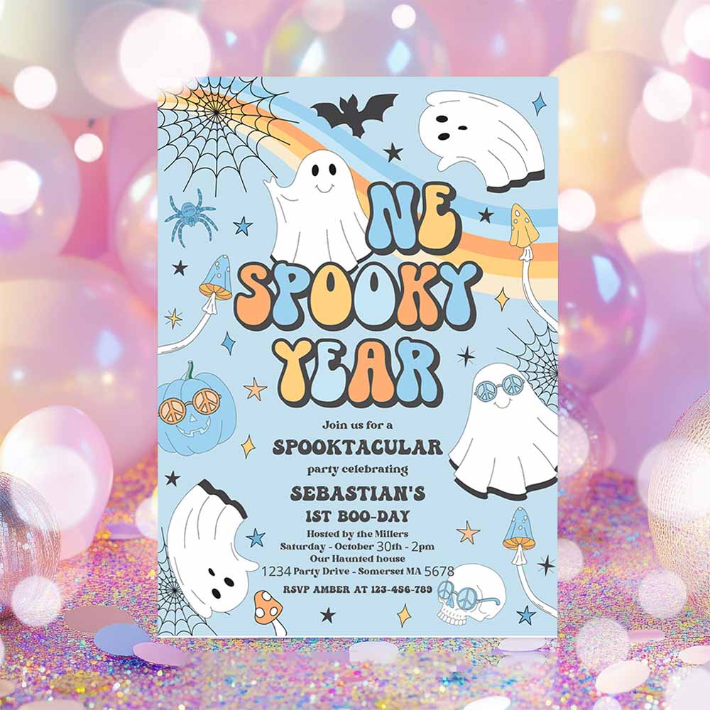 One Spooky Year Halloween Ghost 1st Birthday Invitation Retro Groovy Ghost Birthday Hippie Halloween Party