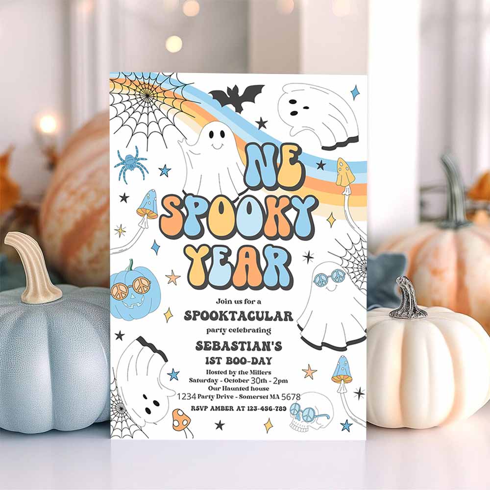 One Spooky Year Halloween Ghost 1st Birthday Invitation Retro Groovy Ghost Birthday Hippie Halloween Party