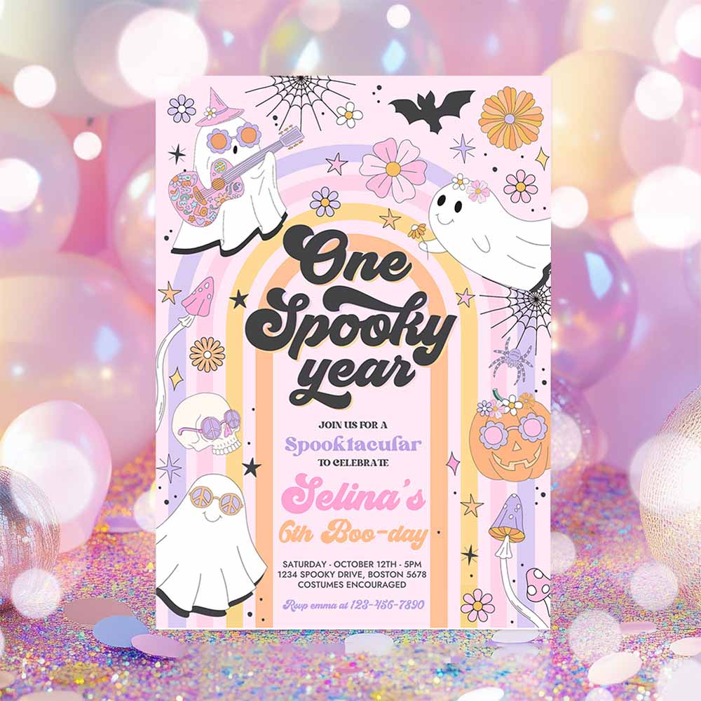 One Spooky Year Halloween Ghost 1st Birthday Invitation Retro Groovy Rainbow Ghost Birthday Hippie Halloween