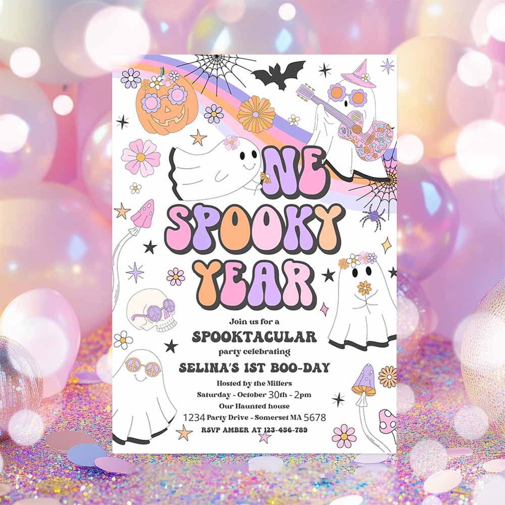 One Spooky Year Halloween Ghost 1st Birthday Invitation Retro Groovy Rainbow Ghost Birthday Hippie Halloween