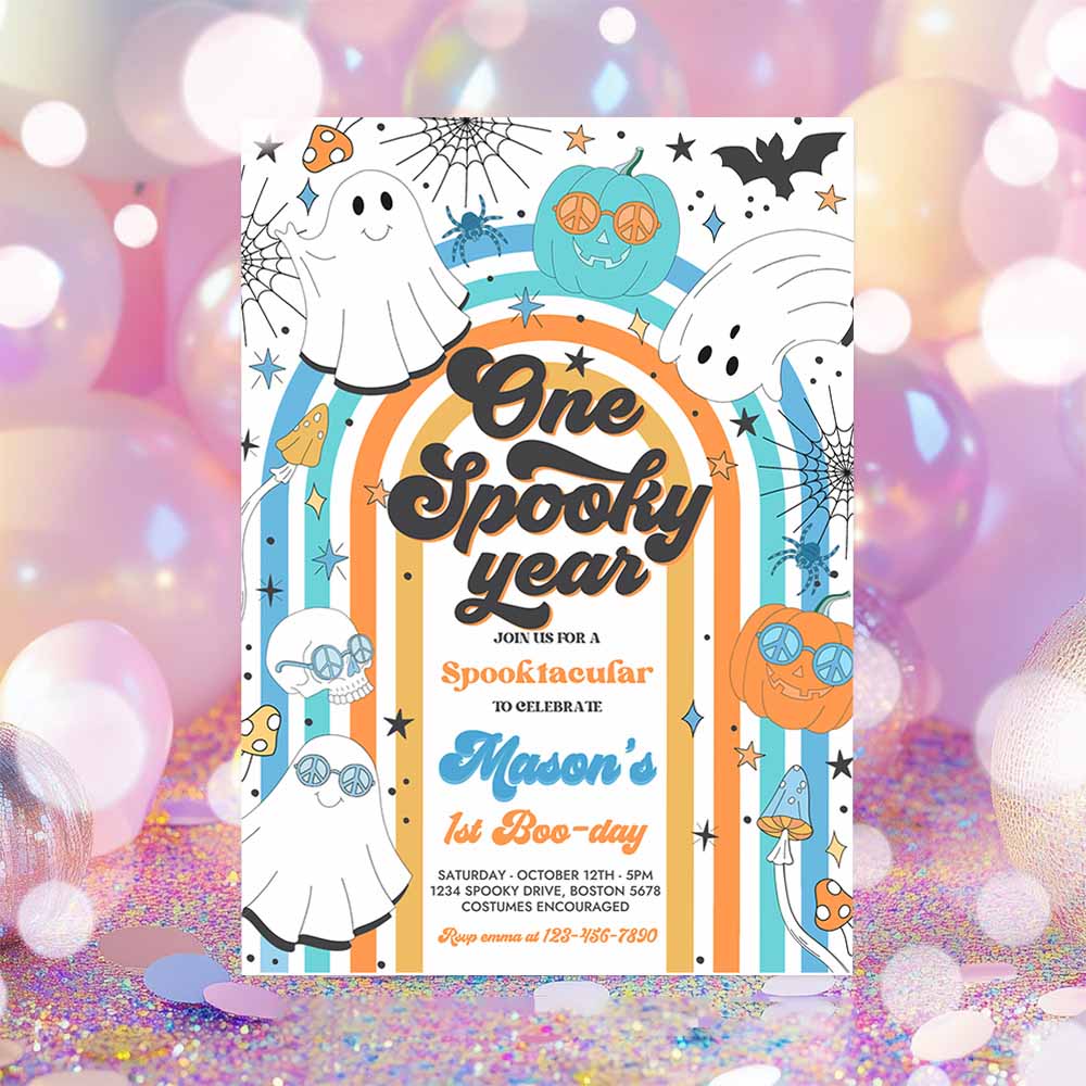 One Spooky Year Halloween Ghost 1st Birthday Invitation Retro Groovy Rainbow Ghost Birthday Hippie Halloween