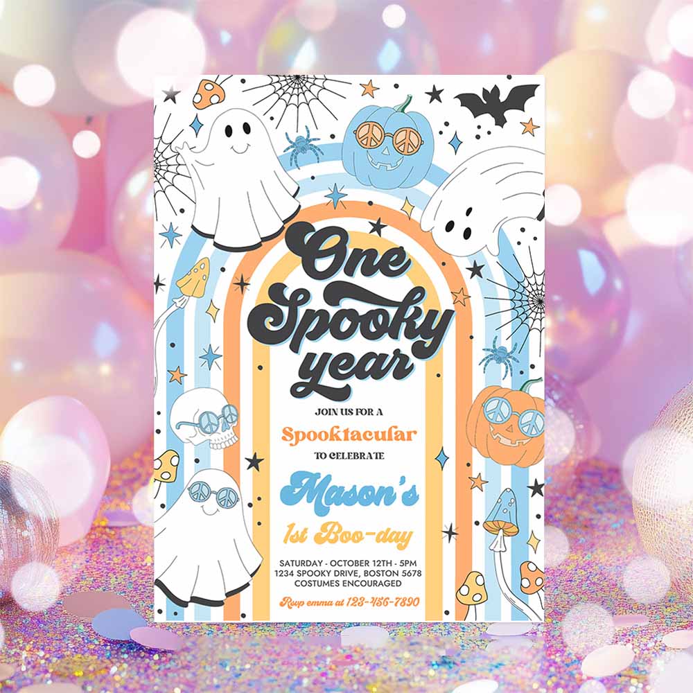 One Spooky Year Halloween Ghost 1st Birthday Invitation Retro Groovy Rainbow Ghost Birthday Hippie Halloween