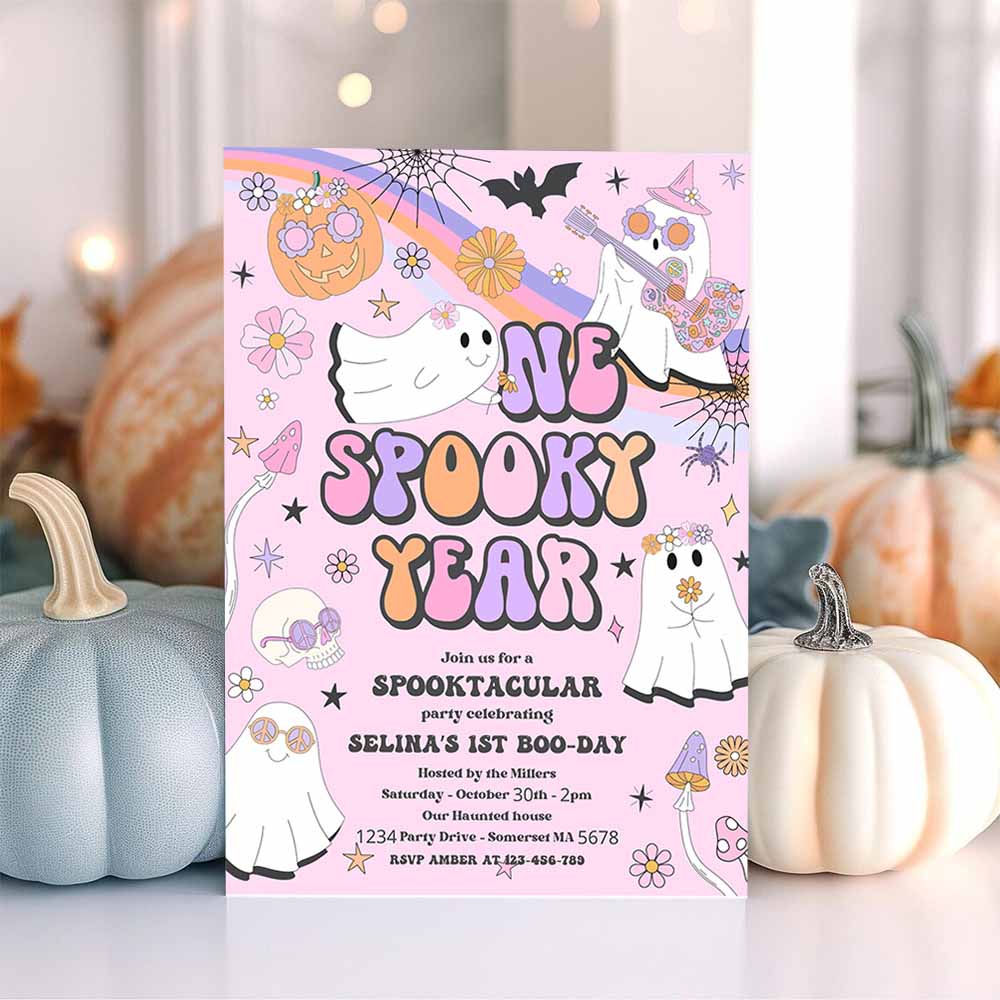 One Spooky Year Halloween Ghost 1st Birthday Invitation Retro Groovy Rainbow Ghost Birthday Hippie Halloween