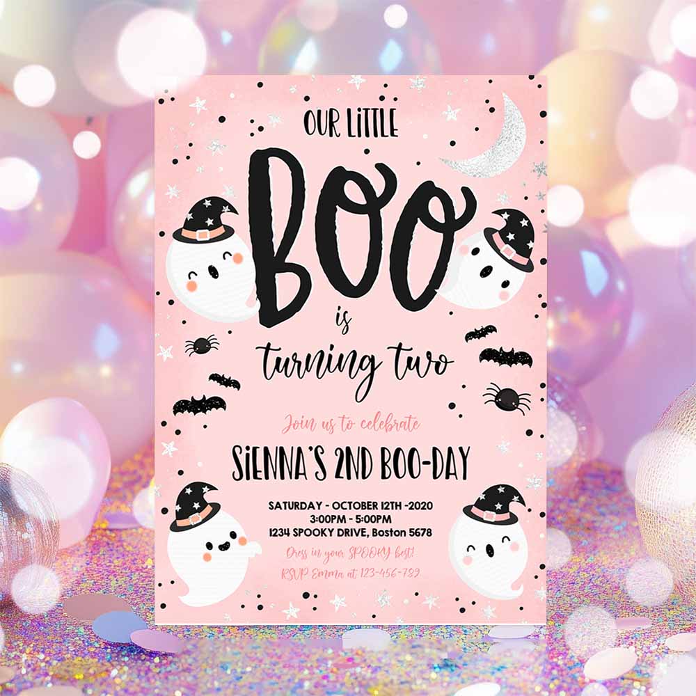 Our Little Boo Birthday Invitation Little Boo turning Two Halloween Peach Ghost Birthday Cute Ghost Party