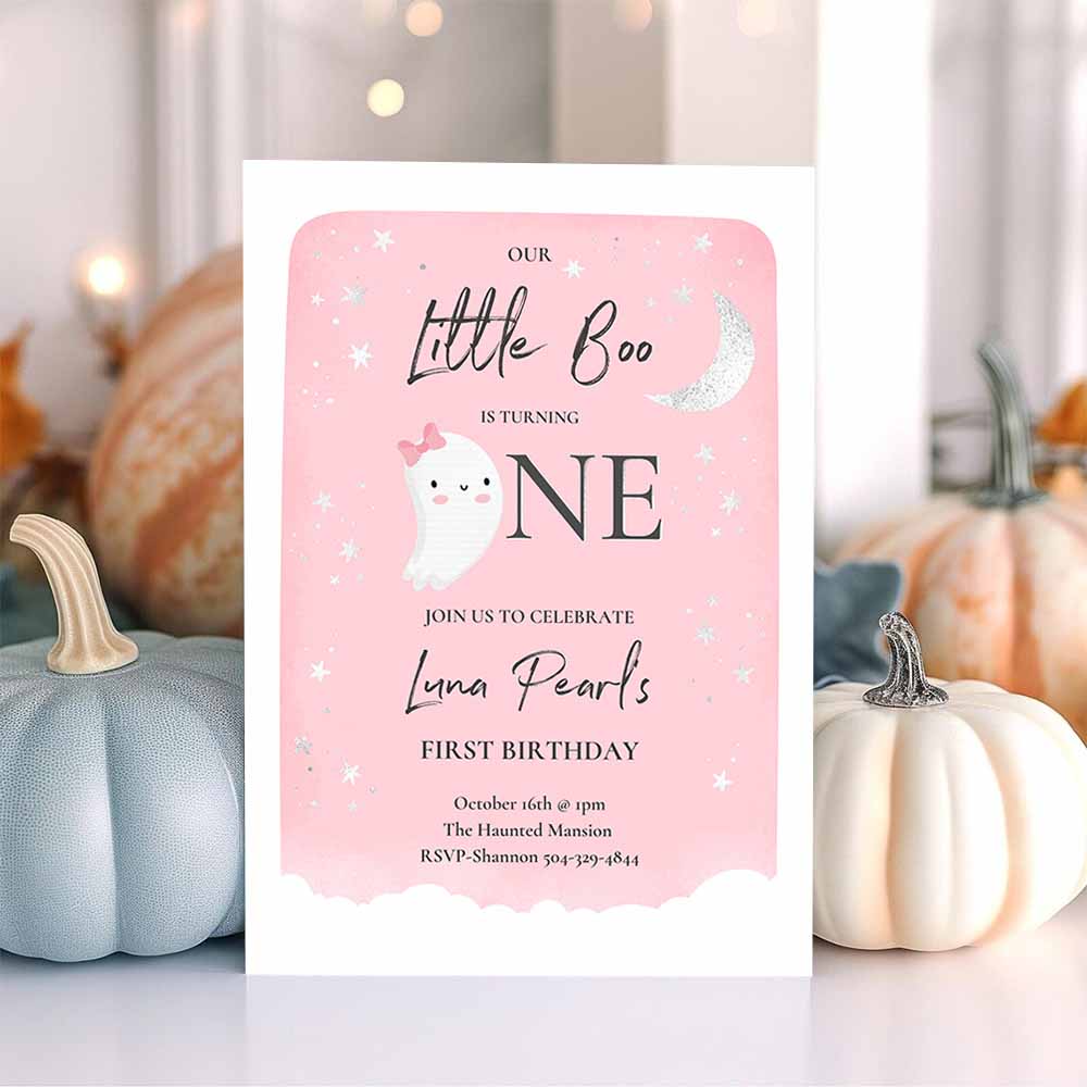 Our Little Boo Birthday Party Invitation Halloween 1st Birthday Pink Cute Ghost Halloween Little Boo Party