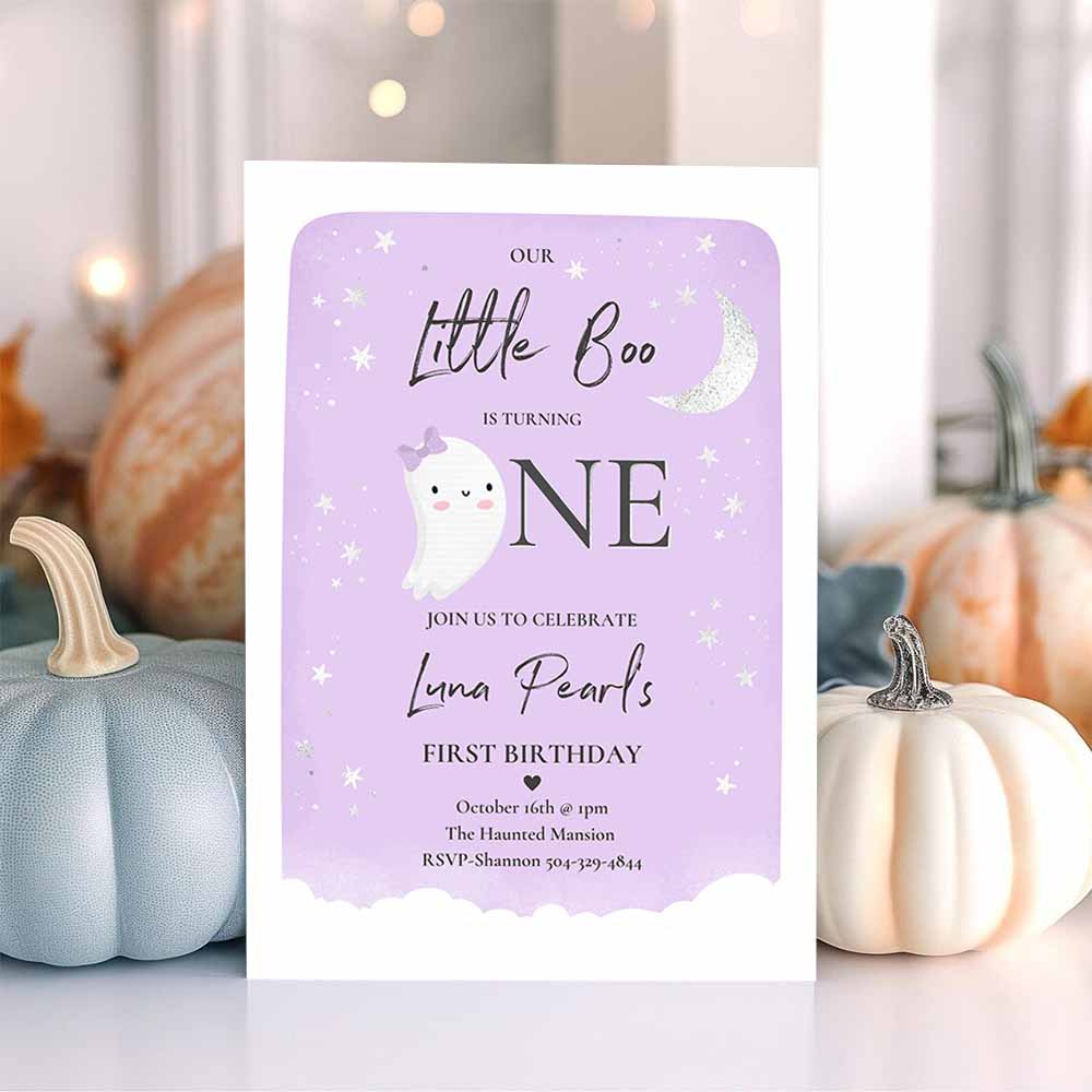 Our Little Boo Birthday Party Invitation Halloween 1st Birthday Purple Cute Ghost Halloween Little Boo Party