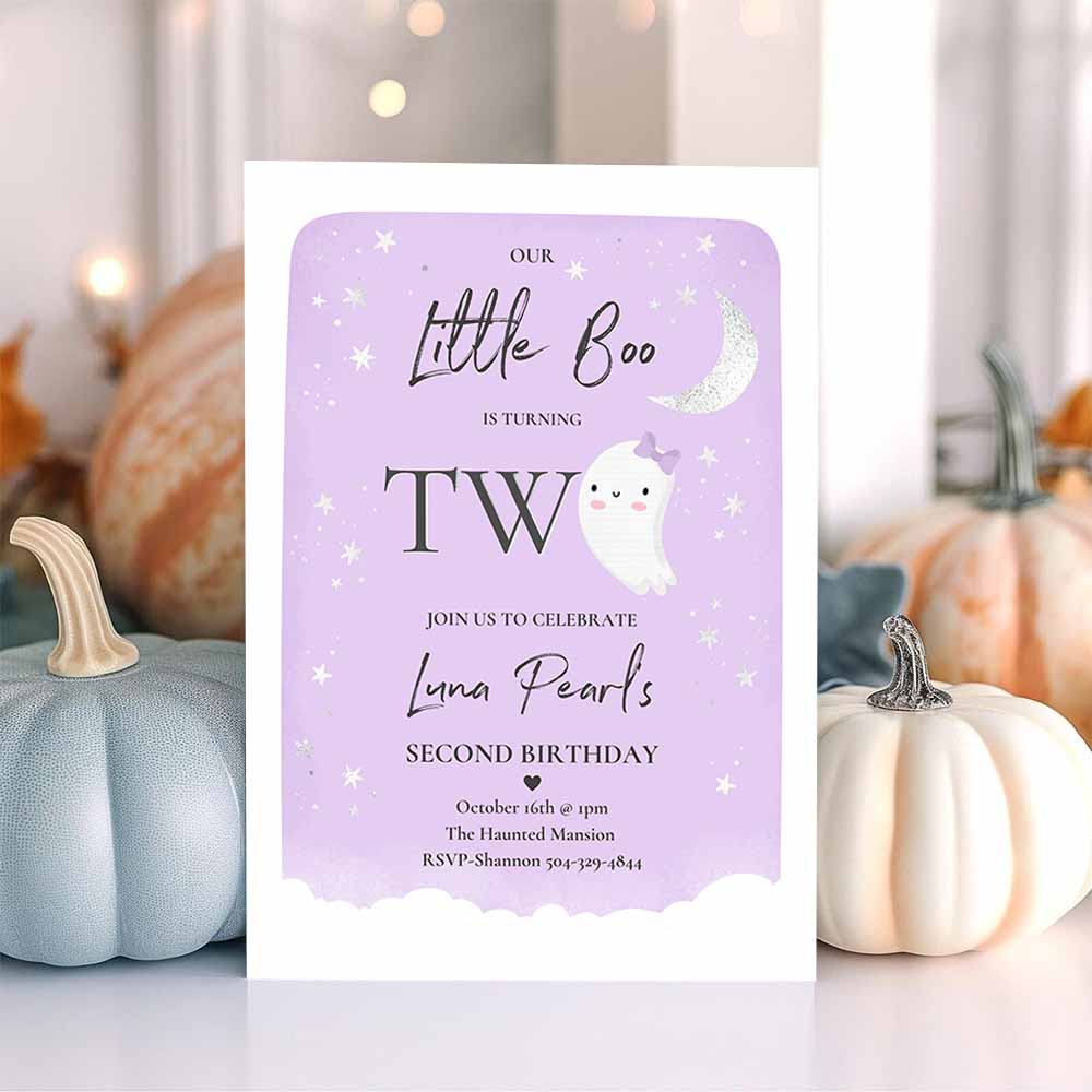 Our Little Boo Birthday Party Invitation Halloween 2nd Birthday Purple Cute Ghost Halloween Little Boo Party