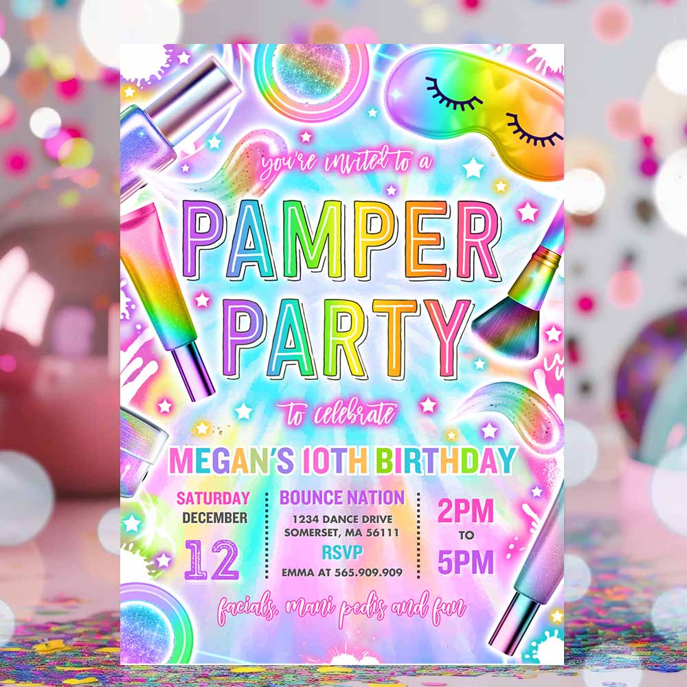 Pamper Party Birthday Invitation Neon Glow Pamper Spa Party Invitation Glitz and Glam Makeup Neon Glow Party