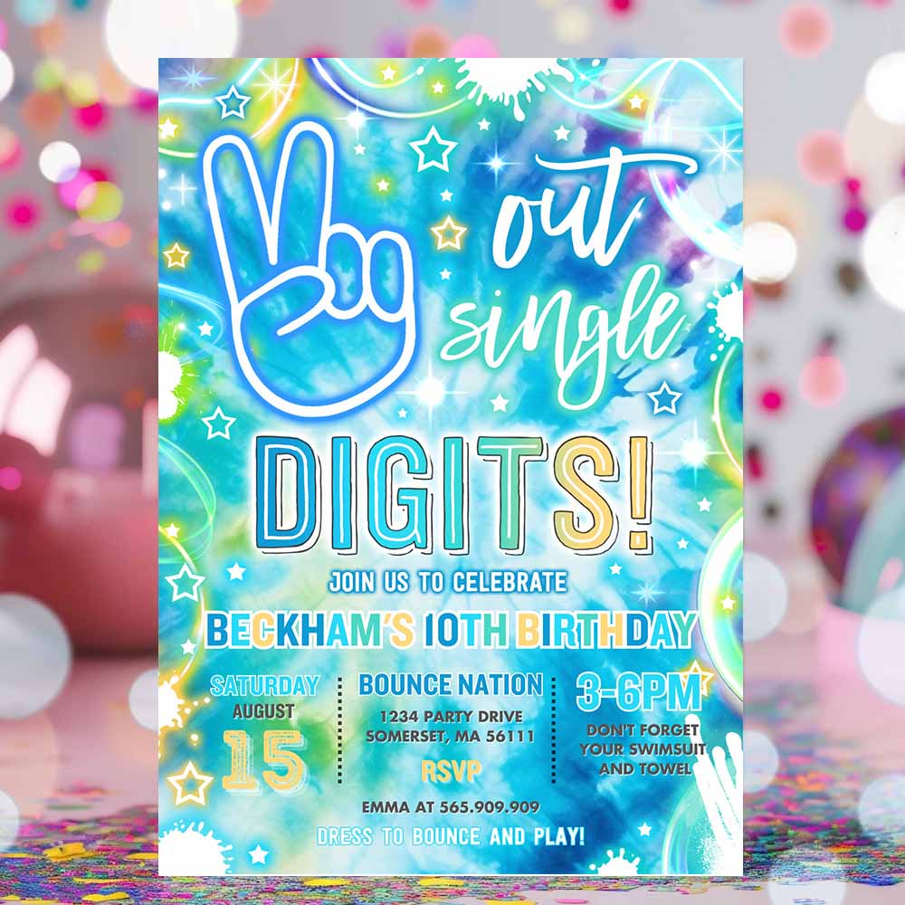 Peace Out Single Digits Birthday Party Invitation Neon Glow Peace Out Single Digits 10th Birthday Party