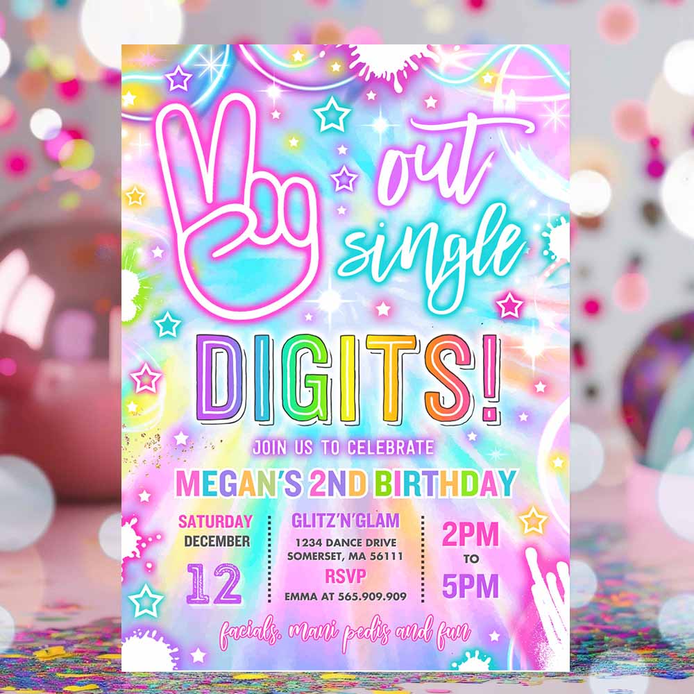 Peace Out Single Digits Birthday Party Invitation Neon Glow Peace Out Single Digits 10th Birthday Party