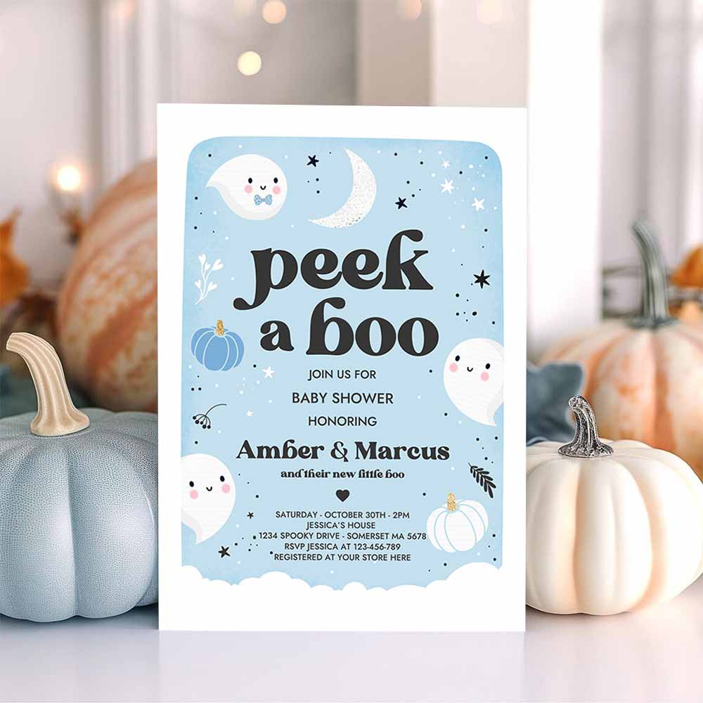 Peek A Boo Baby Shower Invitation Little Boo Boy Ghost Baby Shower Invitation Blue Cute Halloween Baby Shower