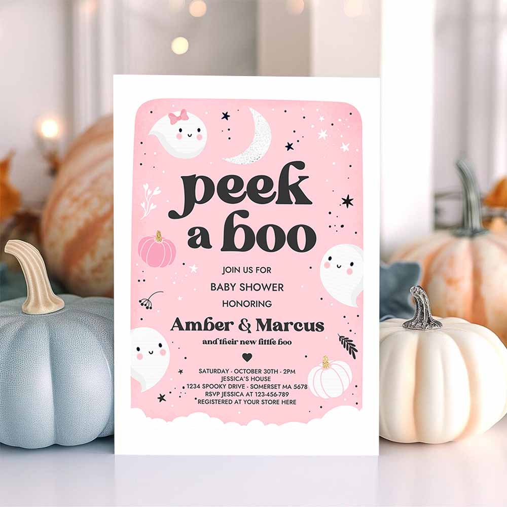 Peek A Boo Baby Shower Invitation Little Boo Girl Ghost Baby Shower Invitation Pink Cute Halloween Baby Shower