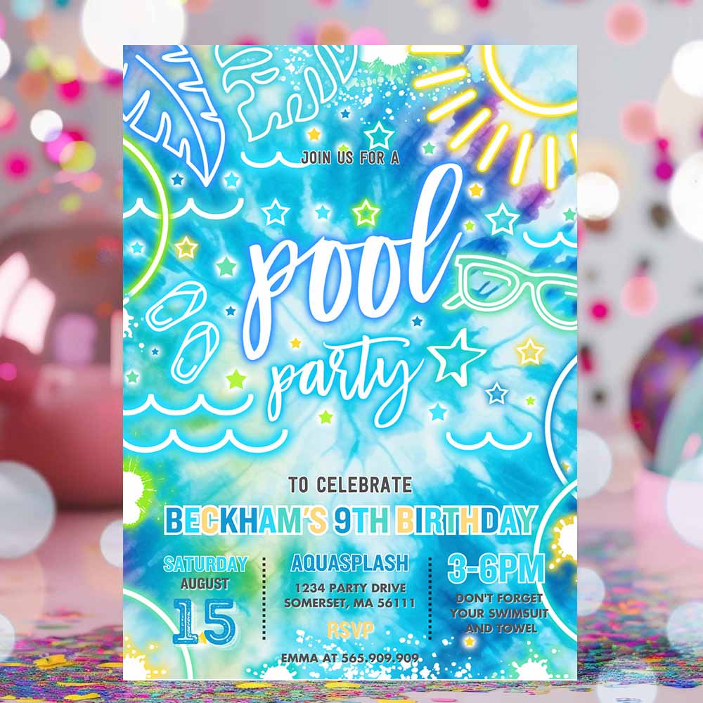 Pool Party Birthday Invitation Glow Neon Tie Dye Summer Swimming Pool Birthday Party