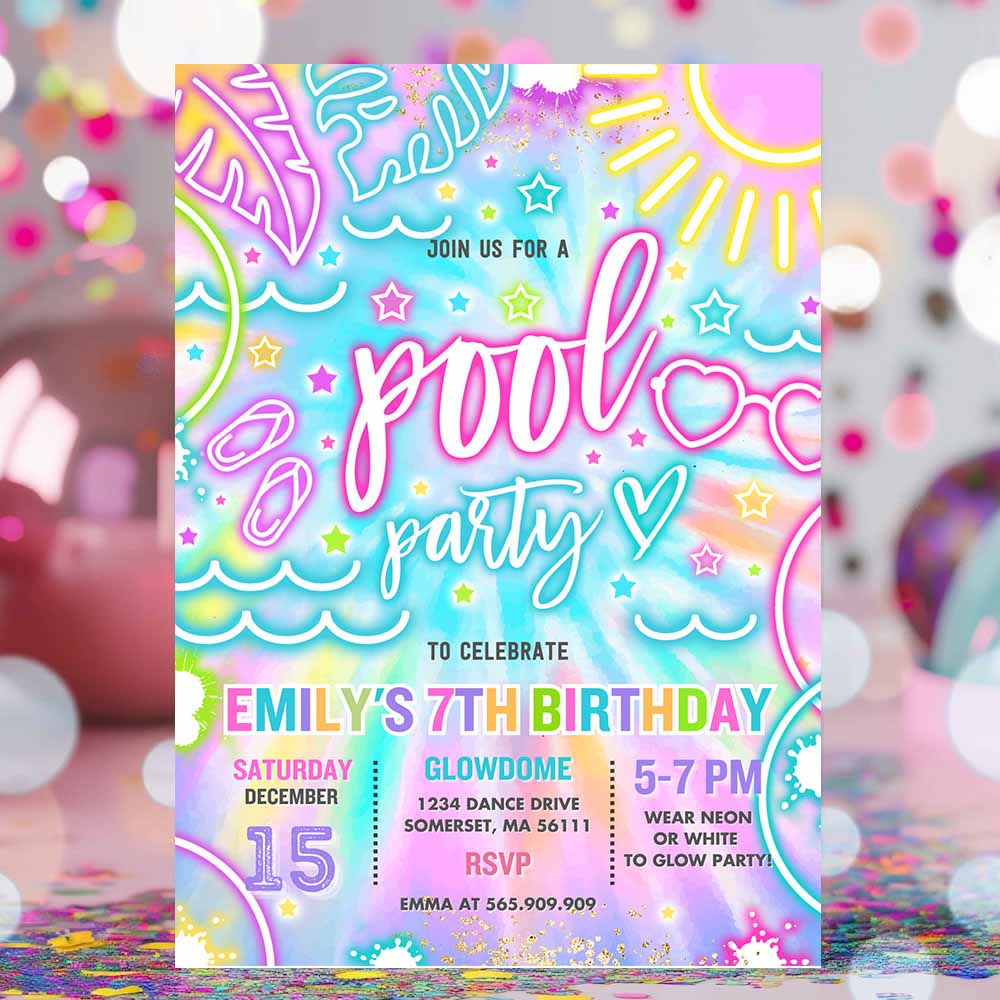 Pool Party Birthday Invitation Glow Neon Tie Dye Summer Swimming Pool Birthday Party