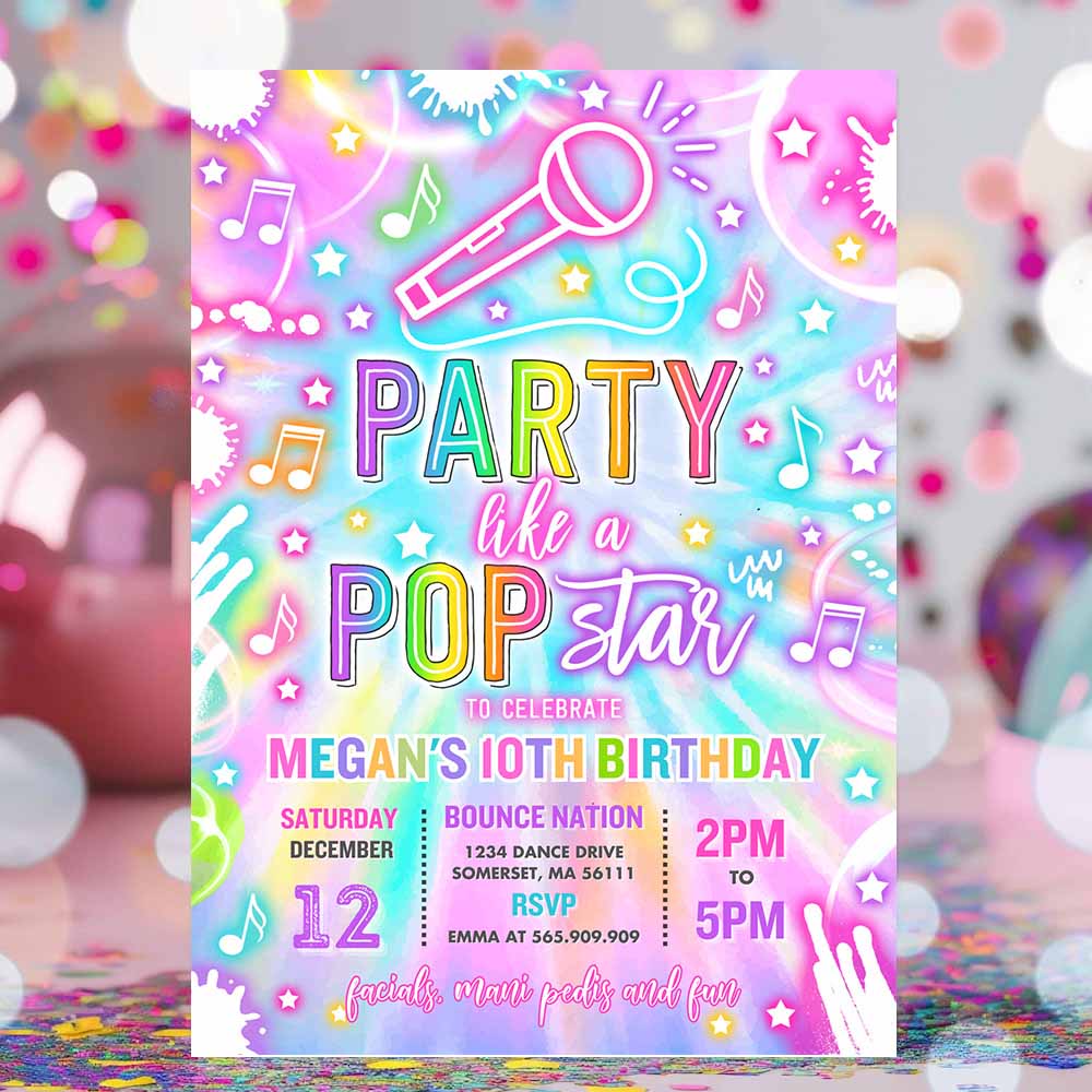 Pop Star Birthday Party Invitation Neon Glow Party Like A Popstar Birthday Party Neon Glow Singing Music Party