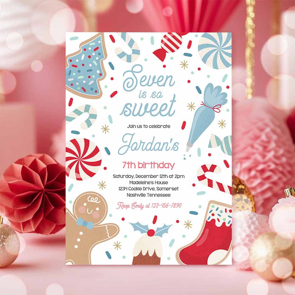 Seven Is So Sweet Christmas Cookie 7th Birthday Party Invitation Holiday Cookie Gingerbread 3rd Birthday Party