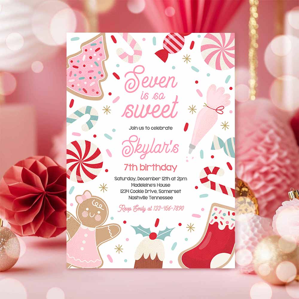 Seven Is So Sweet Christmas Cookie 7th Birthday Party Invitation Holiday Cookie Gingerbread 3rd Birthday Party