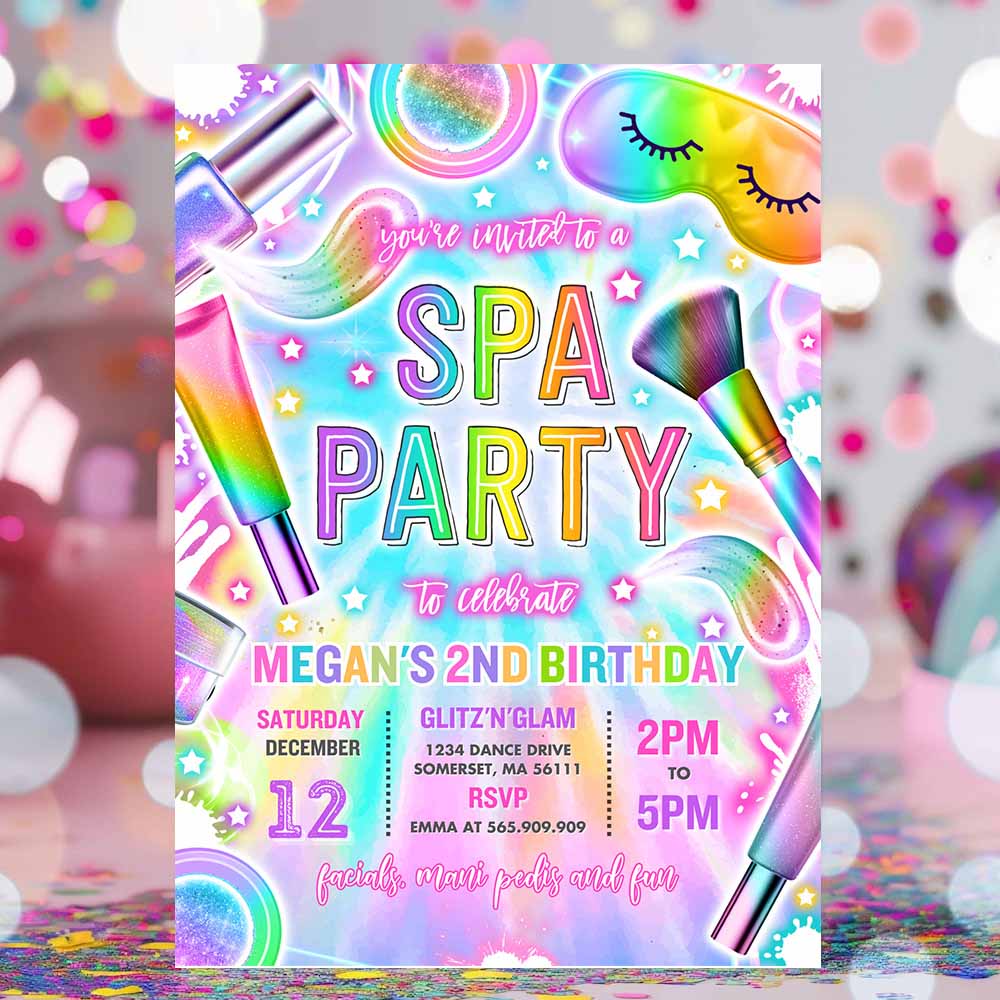 Spa Makeup Birthday Invitation Neon Glow Spa Party Invitation Glitz and Glam Makeup Neon Glow Birthday Party