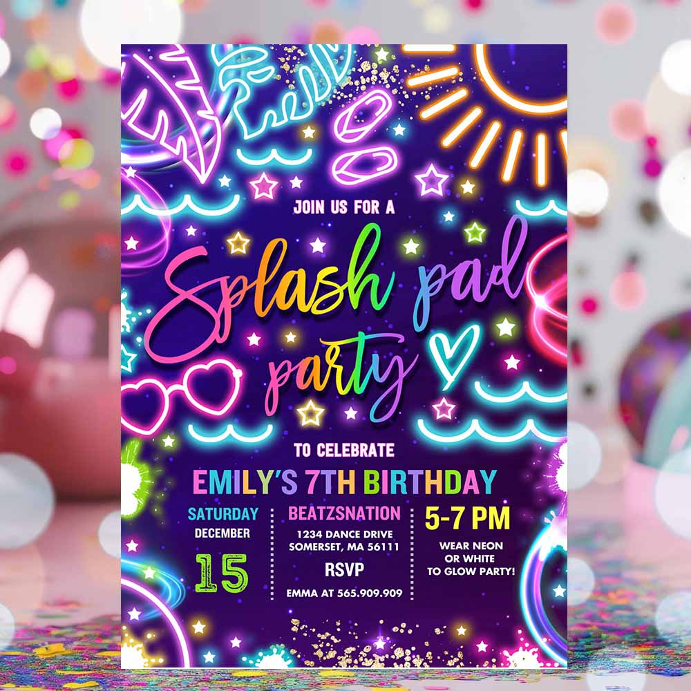 Splash Pad Birthday Party Invitation Glow Neon Splash Pad Summer Water Slide Splish Splash Pool Birthday Party