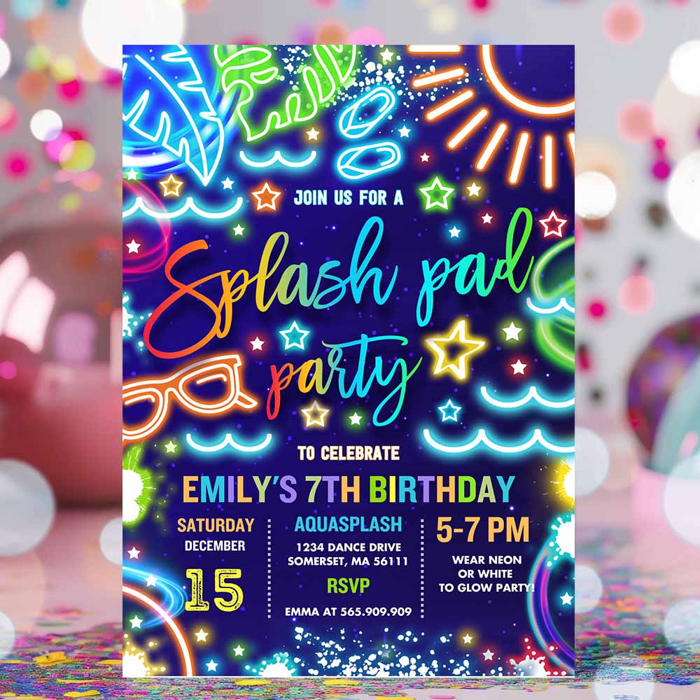 Splash Pad Birthday Party Invitation Glow Neon Tie Dye Summer Water Slide Splish Splash Pool Birthday Party