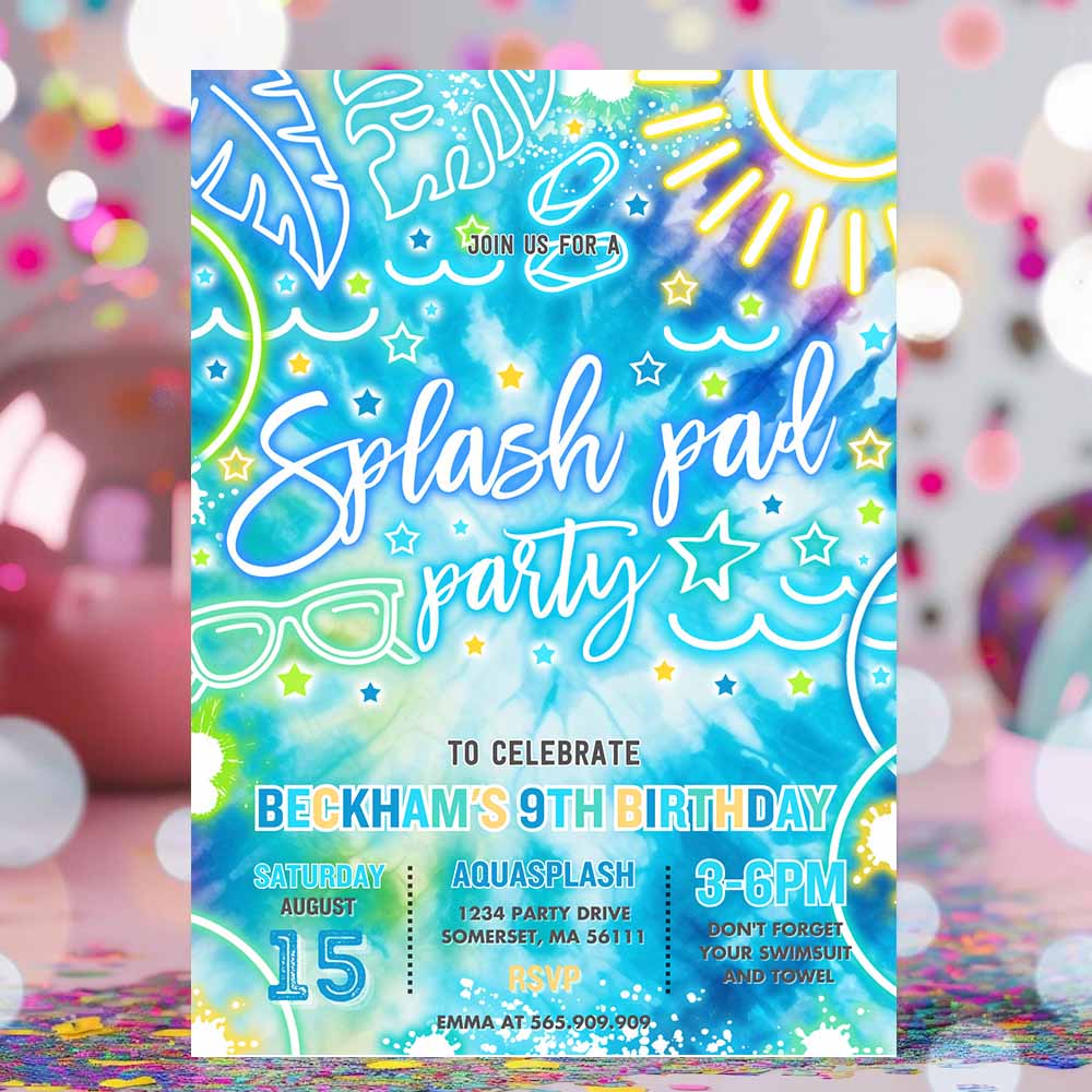 Splash Pad Birthday Party Invitation Glow Neon Tie Dye Summer Water Slide Splish Splash Pool Birthday Party