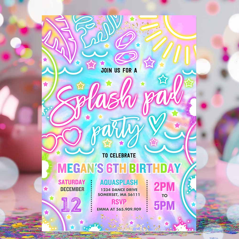 Splash Pad Birthday Party Invitation Glow Neon Tie Dye Summer Water Slide Splish Splash Pool Birthday Party