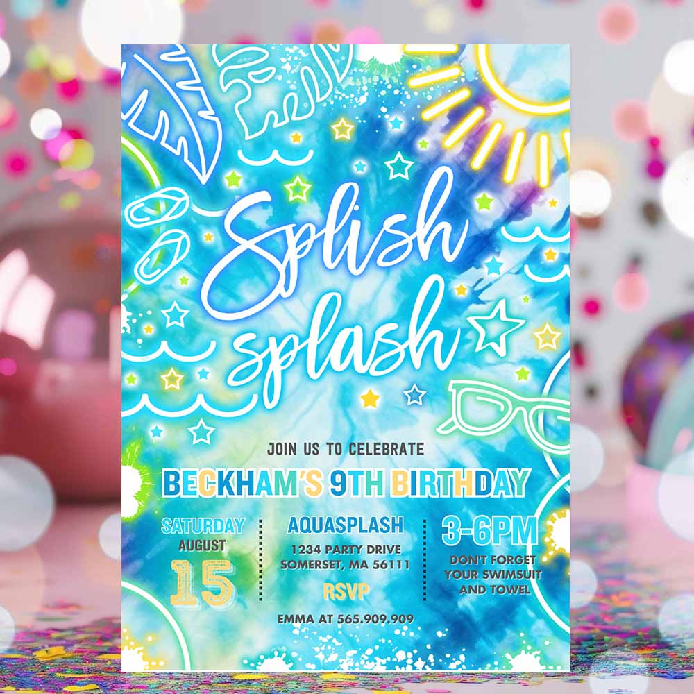 Splish Splash Birthday Party Invitation Glow Neon Tie Dye Summer Water Slide Waterpark Pool Birthday Party