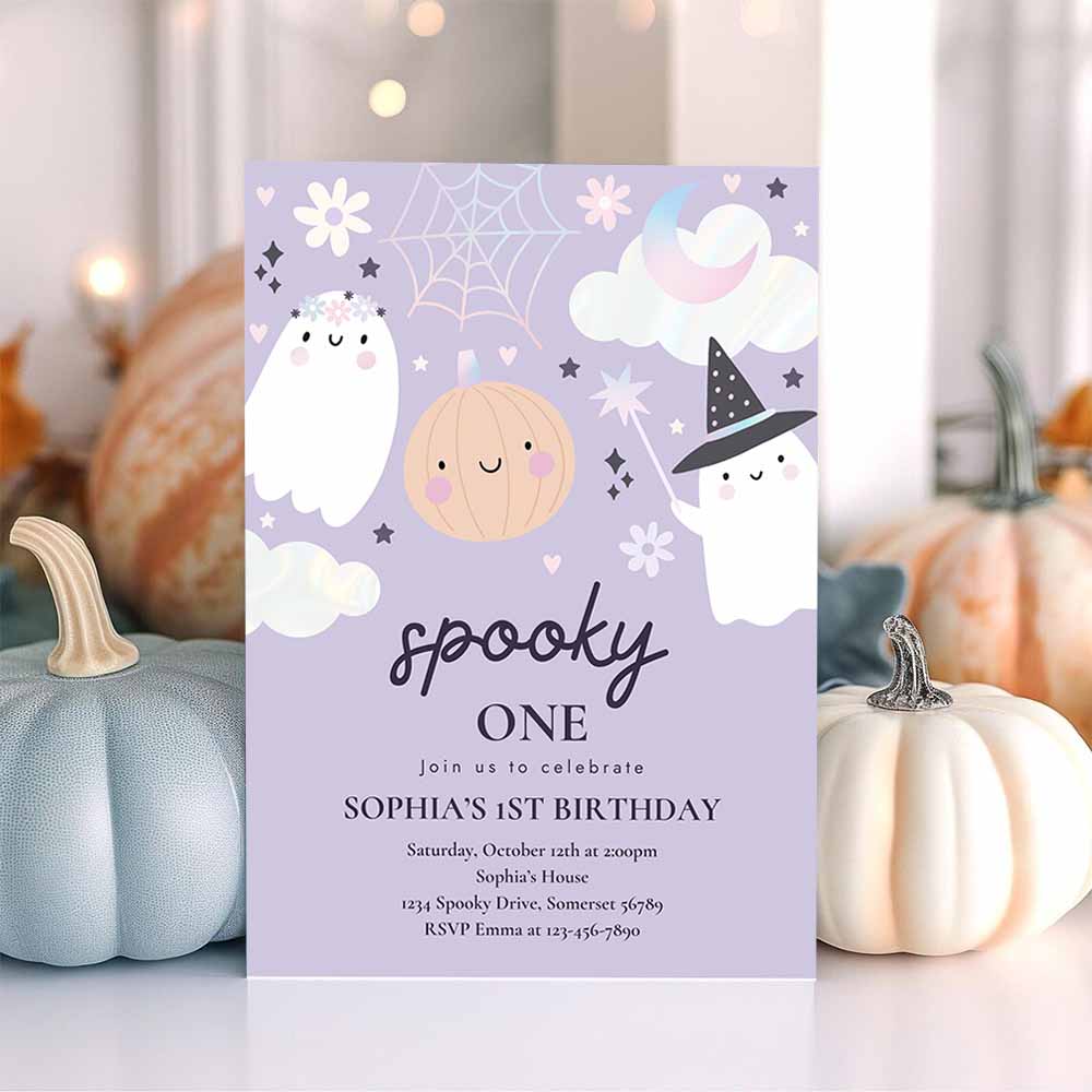 Spooky One 1st Birthday Party Invitation Cute Pink Pastel Holographic Ghost Halloween Birthday Party Invite