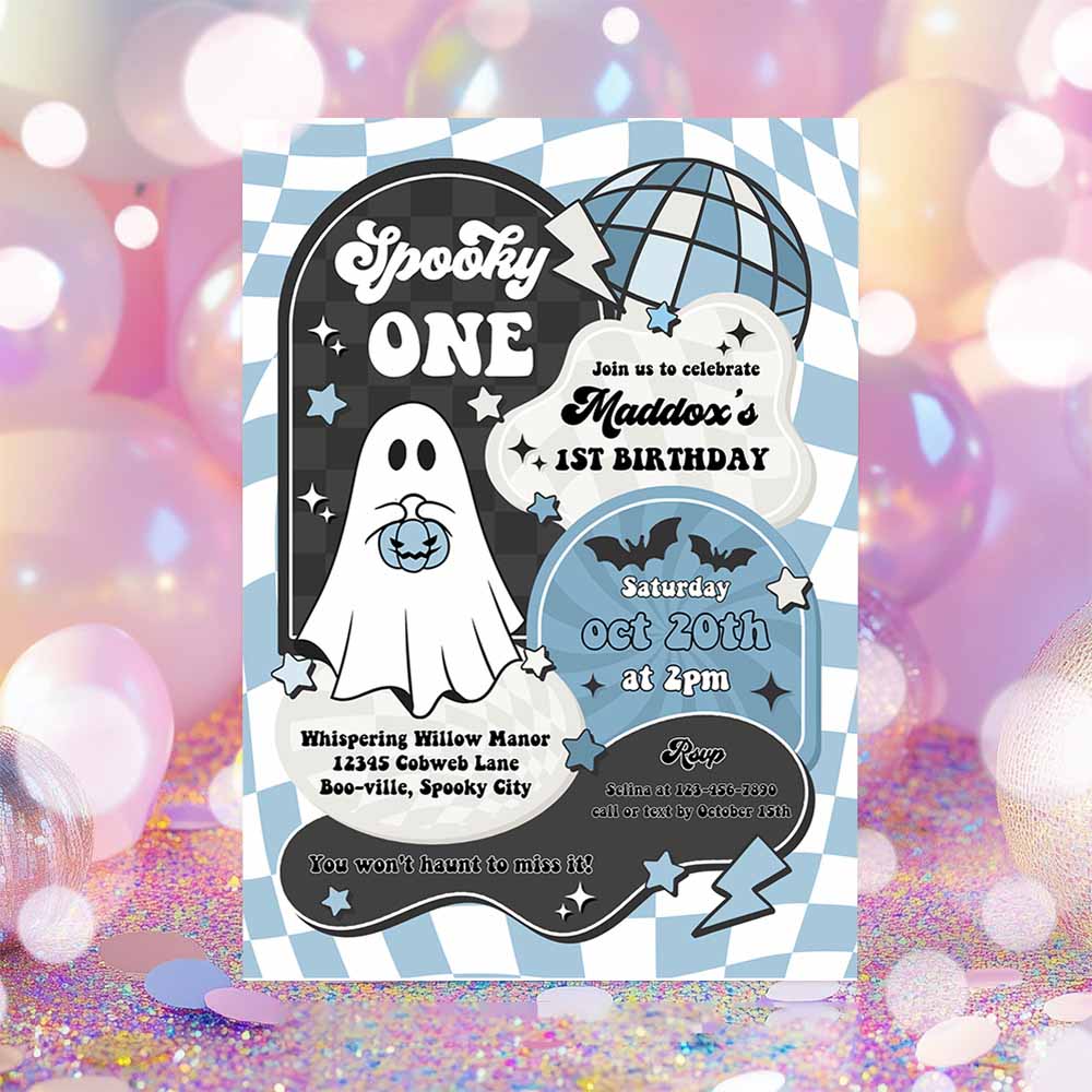 Spooky One Halloween Ghost 1st Birthday Invitation Retro Groovy Boy Ghost Birthday Hippie Halloween Party