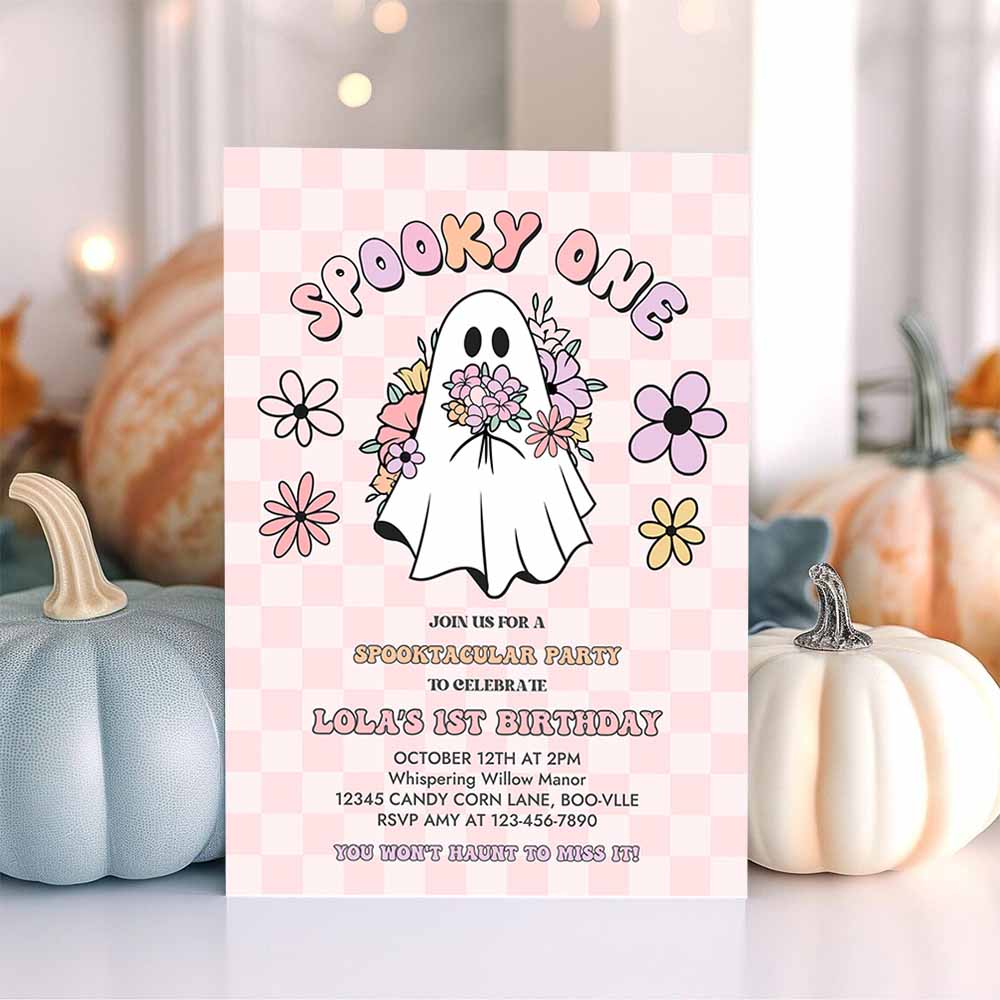 Spooky One Halloween Ghost 1st Birthday Invitation Retro Groovy Pink Ghost Halloween Birthday Party