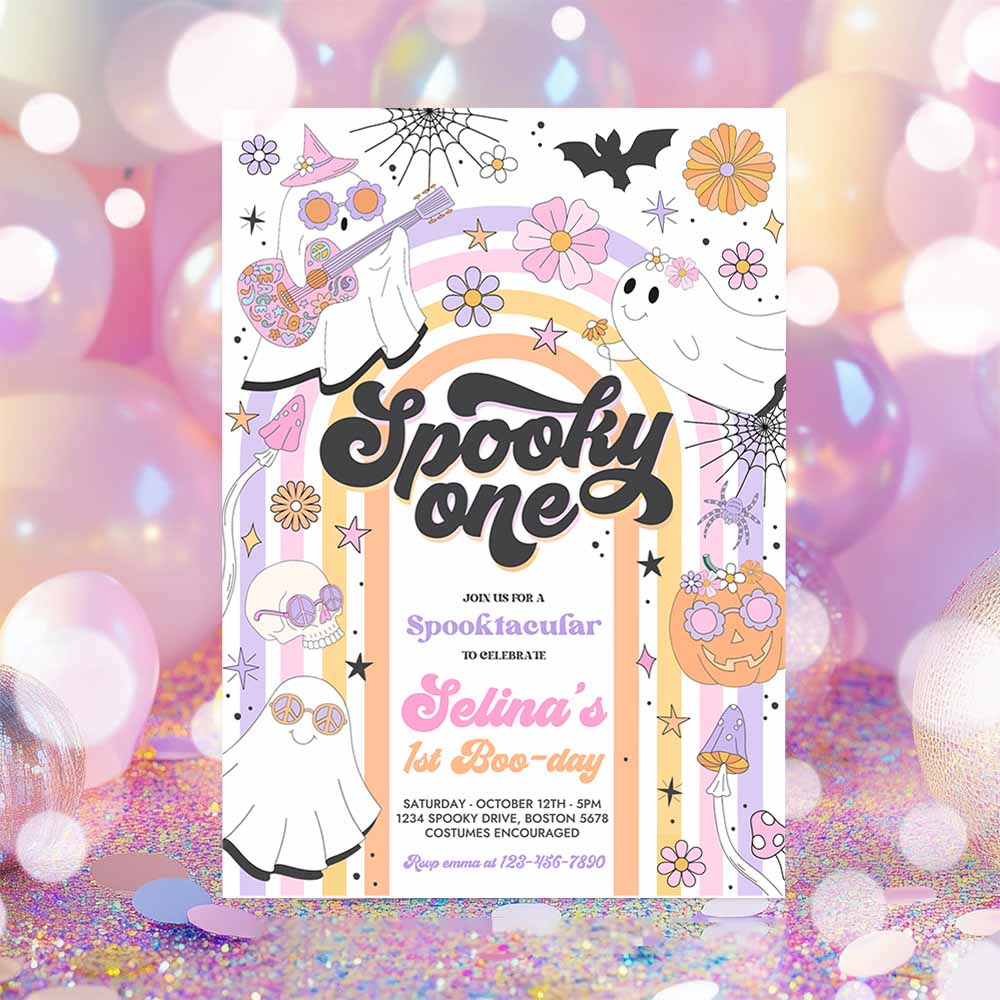 Spooky One Halloween Ghost 1st Birthday Invitation Retro Groovy Rainbow Ghost Birthday Hippie Halloween Party