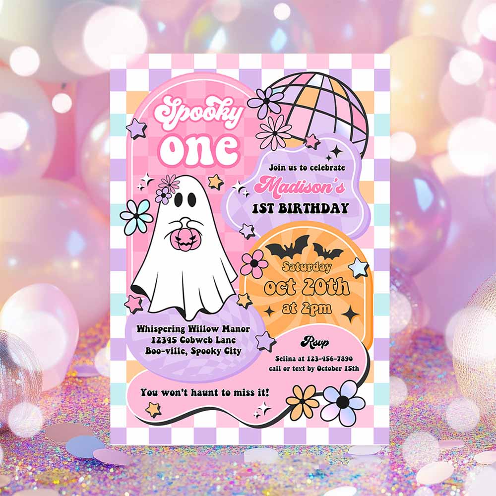 Spooky One Halloween Ghost 1st Birthday Invitation Retro Groovy Rainbow Ghost Birthday Hippie Halloween Party