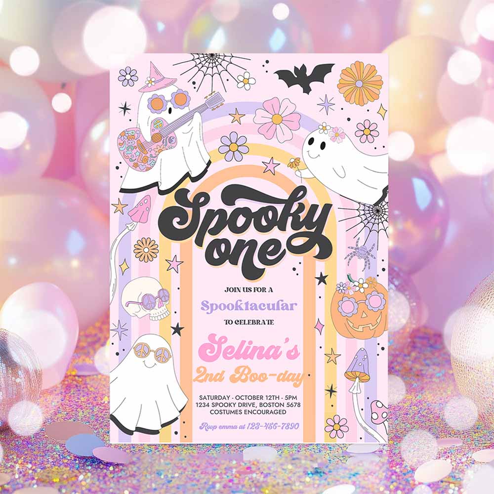 Spooky One Halloween Ghost 1st Birthday Invitation Retro Groovy Rainbow Ghost Birthday Hippie Halloween Party