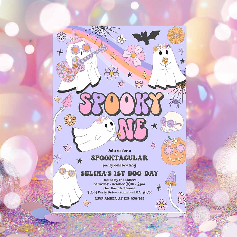 Spooky One Halloween Ghost 1st Birthday Invitation Retro Groovy Rainbow Ghost Birthday Hippie Halloween Party