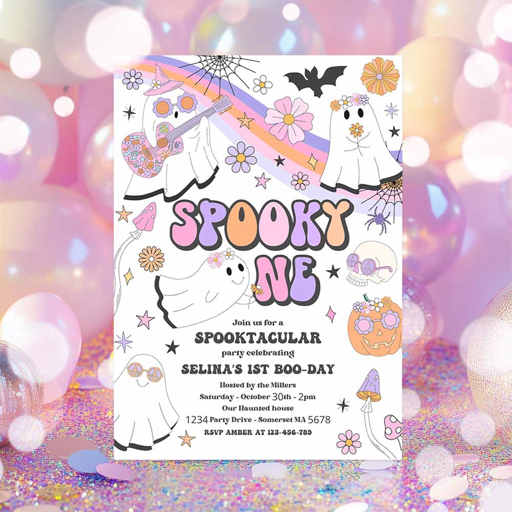 Spooky One Halloween Ghost 1st Birthday Invitation Retro Groovy Rainbow Ghost Birthday Hippie Halloween Party