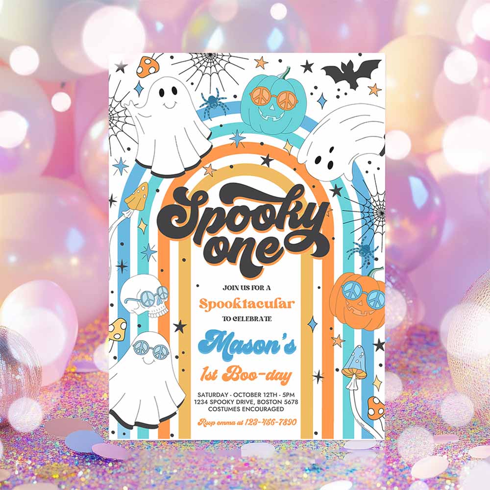 Spooky One Halloween Ghost 1st Birthday Invitation Retro Groovy Rainbow Ghost Birthday Hippie Halloween Party