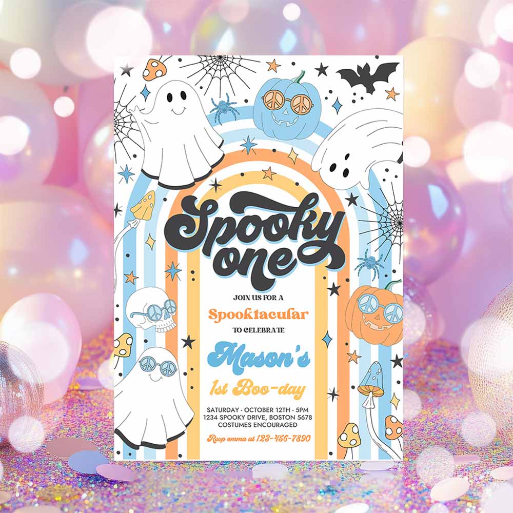 Spooky One Halloween Ghost 1st Birthday Invitation Retro Groovy Rainbow Ghost Birthday Hippie Halloween Party