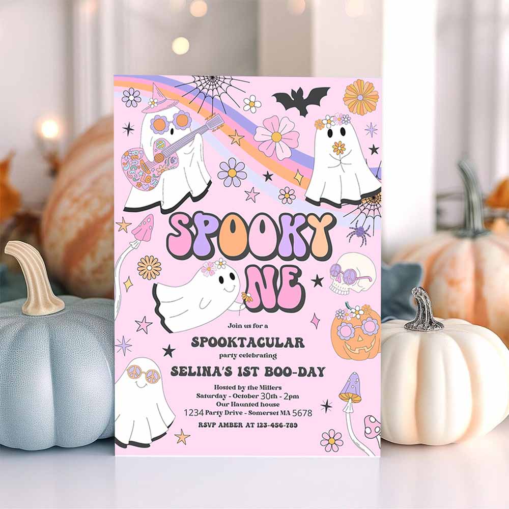 Spooky One Halloween Ghost 1st Birthday Invitation Retro Groovy Rainbow Ghost Birthday Hippie Halloween Party