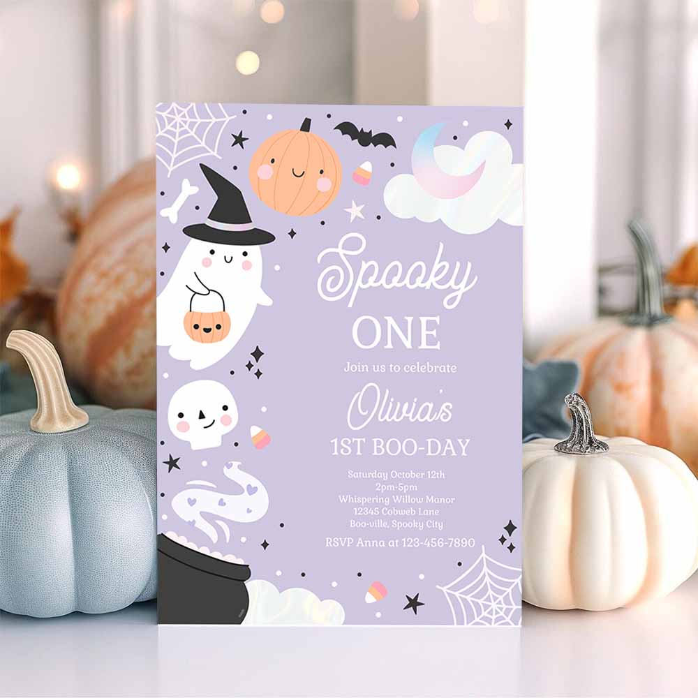 Spooky One Halloween Ghost 1st Birthday Party Invitation Boho Groovy Ghost Halloween Birthday Party Invite