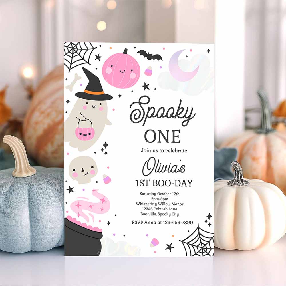 Spooky One Halloween Ghost 1st Birthday Party Invitation Boho Groovy Ghost Halloween Birthday Party Invite