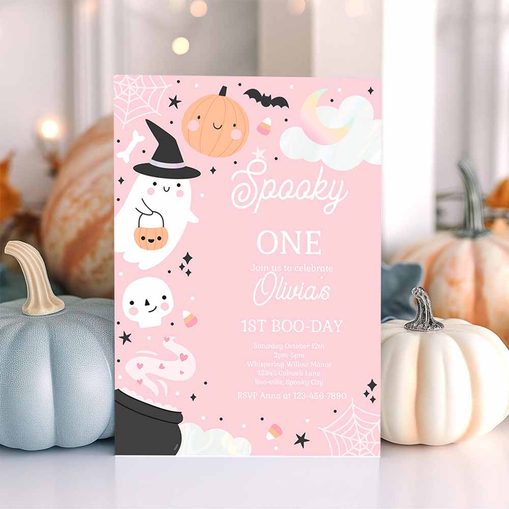 Spooky One Halloween Ghost 1st Birthday Party Invitation Boho Groovy Ghost Halloween Birthday Party Invite