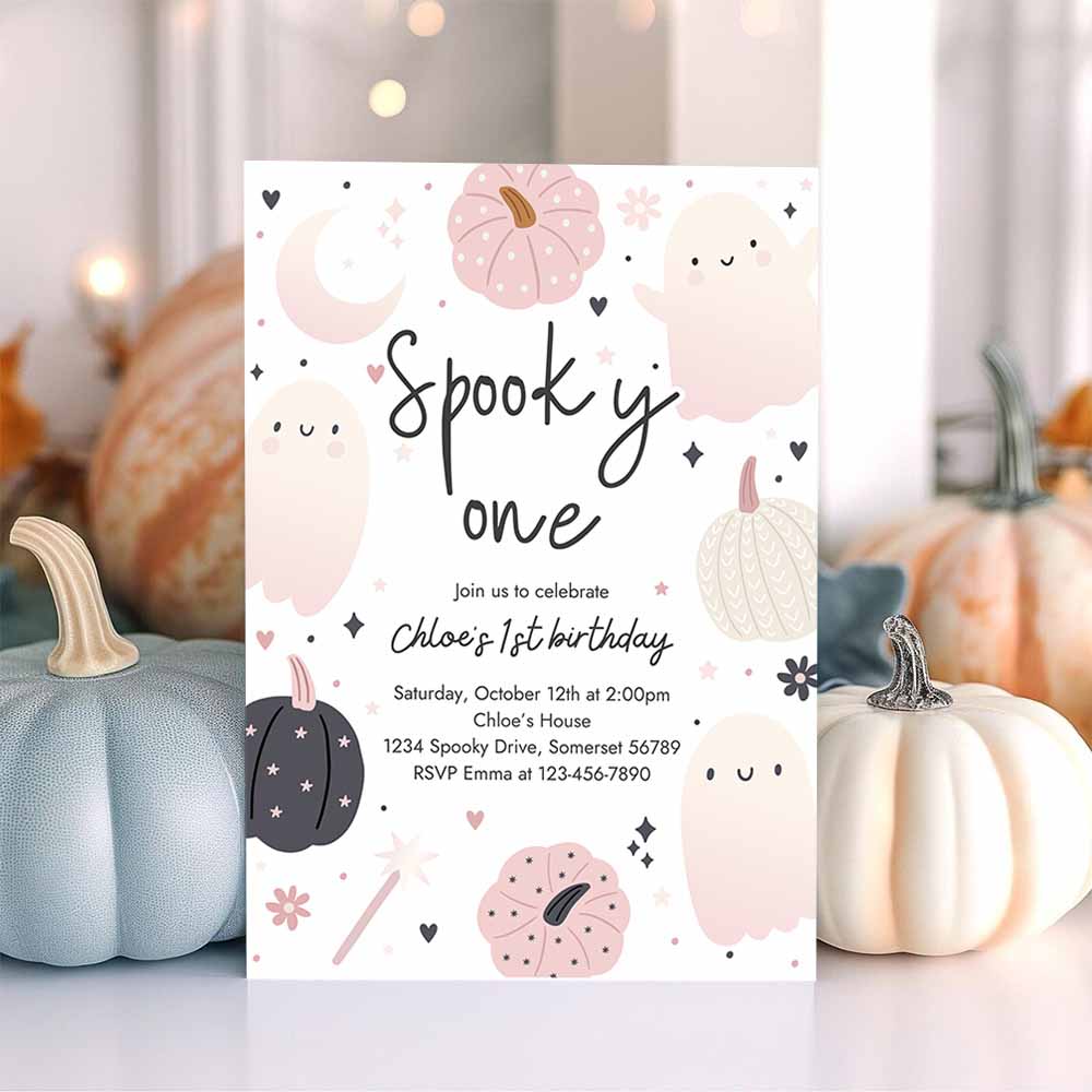 Spooky One Halloween Ghost 1st Birthday Party Invitation Boho Groovy Ghost Halloween Birthday Party Invite