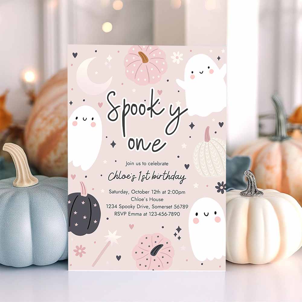 Spooky One Halloween Ghost 1st Birthday Party Invitation Boho Groovy Ghost Halloween Birthday Party Invite