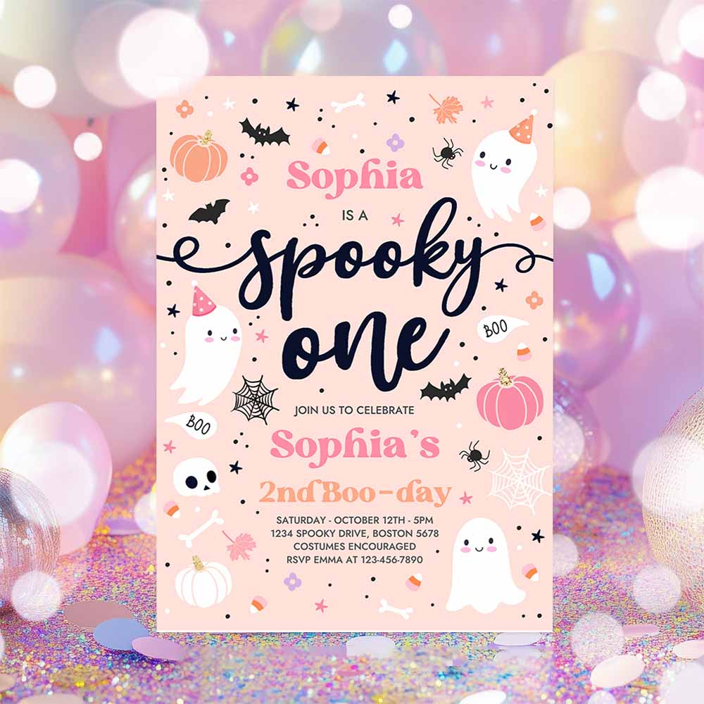 Spooky One Halloween Ghost 1st Birthday Party Invitation Cute Pink Ghost 1st Birthday Spooktacular 1st Birthday